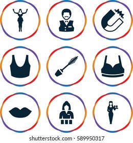 attractive icons set. Set of 9 attractive filled icons such as lips, mascara, Casino girl, Casino boy, sport bra, dancing woman