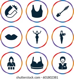 attractive icons set. Set of 9 attractive filled icons such as lips, mascara, Casino girl, Casino boy, sport bra, dancing woman