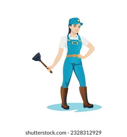 Attractive illustration of a beautiful female plumber with a plunger in her hand