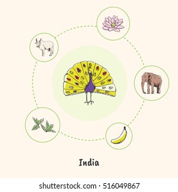 Attractive India. Peacock colorized doodle surrounded lotus flower, elephant, sacred cow, tea leaves, banana hand drawn vector icons. Indian religious, culinary, nature symbols. Travel in Asia concept