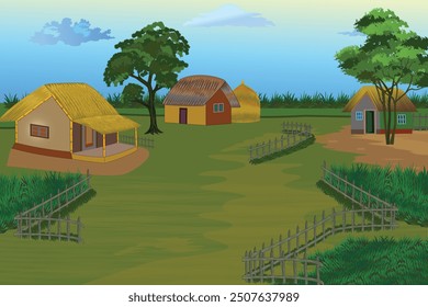 Attractive Indian village scenery. Traditional house with mud road, lush garden, green grass, rustic fence, big trees and a vibrant blue sky in the background