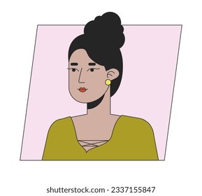 Attractive indian woman with bun hairstyle flat color cartoon avatar icon. Editable 2D user portrait linear illustration. Isolated vector face profile clipart. Userpic, person head and shoulders