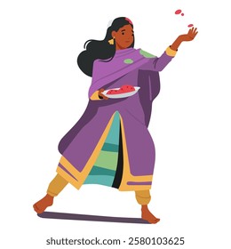 Attractive Indian woman cartoon character wearing traditional costume throwing colored paint powder in air during cultural native spring holiday Holi festival celebration vector illustration