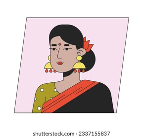 Attractive indian woman in traditional clothes flat color cartoon avatar icon. Editable 2D user portrait linear illustration. Isolated vector face profile clipart. Userpic, person head and shoulders