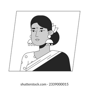 Attractive indian woman in traditional clothes black white cartoon avatar icon. Editable 2D character user portrait, linear flat illustration. Vector face profile. Outline person head and shoulders