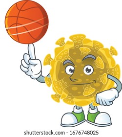 Diseño de dibujos animados de coronavirus infecciosos atractivos con baloncesto