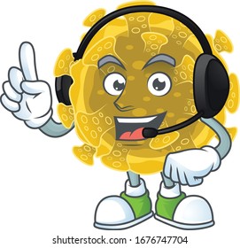 An attractive infectious coronavirus mascot character concept wearing headphone