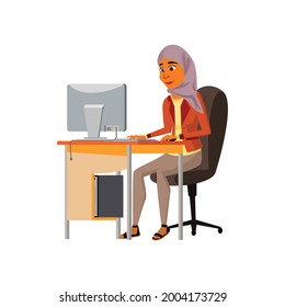 attractive islamic woman work on computer in office cartoon vector. attractive islamic woman work on computer in office character. isolated flat cartoon illustration