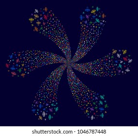 Attractive Isolated Prisoner cycle twist on a dark background. Suggestive spiral composed from randomized isolated prisoner items.