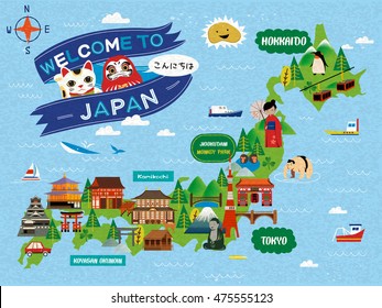 Attractive Japan travel map, lovely attractions and traditional symbols, Hello words in Japanese