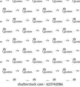 Attractive king crown and queen inscription vector seamless pattern background. Beautiful illustration with hand drawn crowns. Stylish fashion backdrop for invitation and wedding decoration design.
