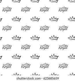 Attractive king crown and royal inscription vector seamless pattern background. Beautiful illustration with hand drawn crowns. Stylish fashion backdrop for invitation and wedding decoration design.