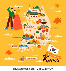 Attractive Korea travel map vector illustration. Traveling in Korea during autumn season