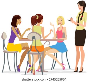Attractive ladies chatting at the restaurant. Waitress taking orders