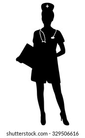 Attractive lady doctor with a clipboard. Isolated on a white background