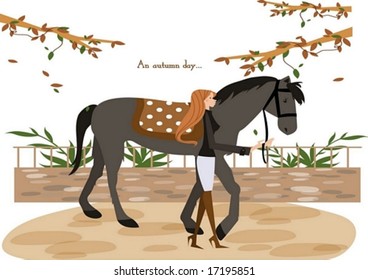 Attractive Lady and Favorite Horse - enjoy walk of a beautiful autumn with a lovely young female and domestic wild animal in the natural garden on white background : vector illustration