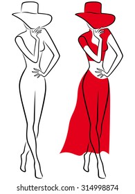 Attractive lady in red hat with wide brim and in long red dress, sketching vector outline in two employments 