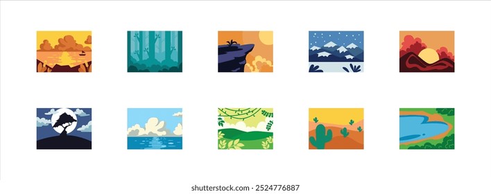 Conjunto de ilustración plana de paisaje atractivo. Ilustración de Arte vectorial aislada.
