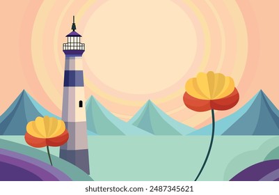 An attractive landscape with a lighthouse and mountain.