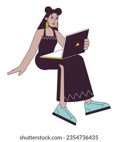 Attractive latina girl holding device flat line color vector character. Editable outline full body girl sitting and working on white. Simple cartoon spot illustration for web graphic design