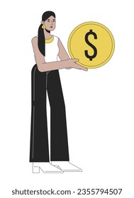 Attractive latina woman holding golden coin flat line color vector character. Editable outline full body person saving money on white. Simple cartoon spot illustration for web graphic design