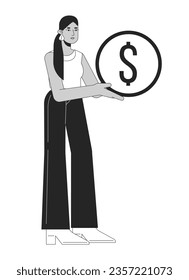 Attractive latina woman holding golden coin flat line black white vector character. Editable outline full body person saving money. Simple cartoon isolated spot illustration for web graphic design