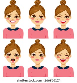 Attractive light brown haired young hipster woman on six different face expression set