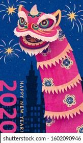 Attractive lion dance performance at city night with fireworks for chinese new year