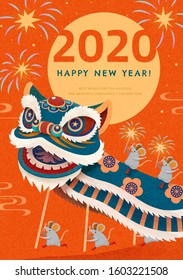 Attractive lion dance performance with fireworks for chinese new year on orange background
