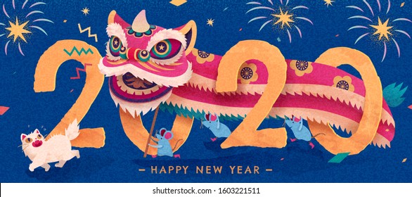 Attractive Lion Dance Performance At Night With Fireworks For Chinese New Year, Hand Drawn Style Banner