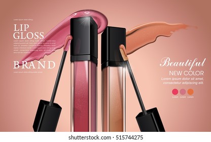 Attractive lip gloss ads, sticky and glossy liquid texture with transparent glass container in 3d illustration