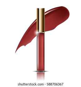 Attractive lip gloss ads, sticky and glossy liquid texture with transparent glass container in vector design illustration.