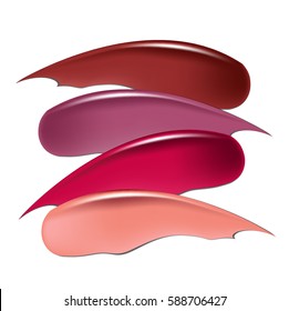 Attractive lip gloss ads, sticky and glossy liquid collection of smudged lipsticks isolated on white background vector design.