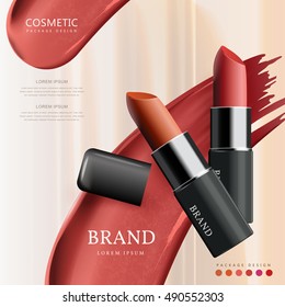 Attractive Lipstick Package Design, 3D Illustration Advertising Poster With Smear Background