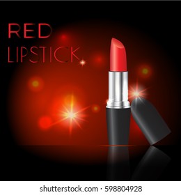 Attractive lipstick package design on a glowing background, illustration lipstick advertising poster with red background.