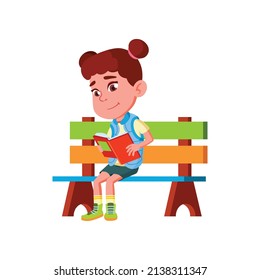 attractive little girl sitting on park bench and reading book cartoon vector. isolated flat cartoon illustration