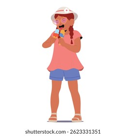 Attractive little trendy summer fashion girl child cartoon character eating two ice-creams deliciously licking cream standing isolated on white. Kid feeling hungry of sweet snacks vector illustration