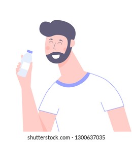 An attractive male character holding a bottle of water, milk or soda. Friendly smiling guy. Vector illustration isolated on white background.