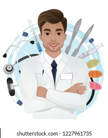 Attractive male doctor in white gown on medical objects background