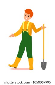 Attractive male gardener. Funny character design. Cartoon illustration. Garden care concept creator. Man grounds keeper personage.