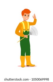 Attractive male gardener. Funny character design. Cartoon illustration. Garden care concept creator. Man grounds keeper personage.