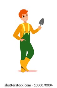 Attractive male gardener. Funny character design. Cartoon illustration. Garden care concept creator. Man grounds keeper personage.