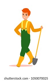 Attractive male gardener. Funny character design. Cartoon illustration. Garden care concept creator. Man grounds keeper personage.