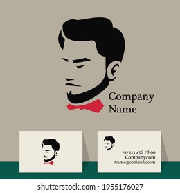 attractive man with beard and red bow tie, profile head, logo for barbershop