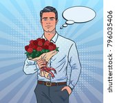 Attractive man with bouquet. Man goes on a date. Wants to give flowers. Valentine's Day theme. Pop art style.