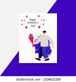 Attractive man with bouquet. Man goes on a date. Wants to give flowers. Valentine's Day theme. Pop art style.