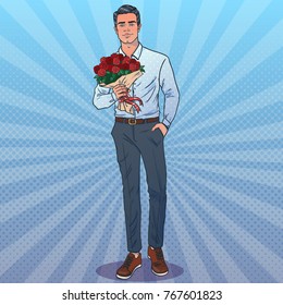 Attractive man with bouquet. Man goes on a date. Wants to give flowers. Valentine's Day theme. Pop art style.