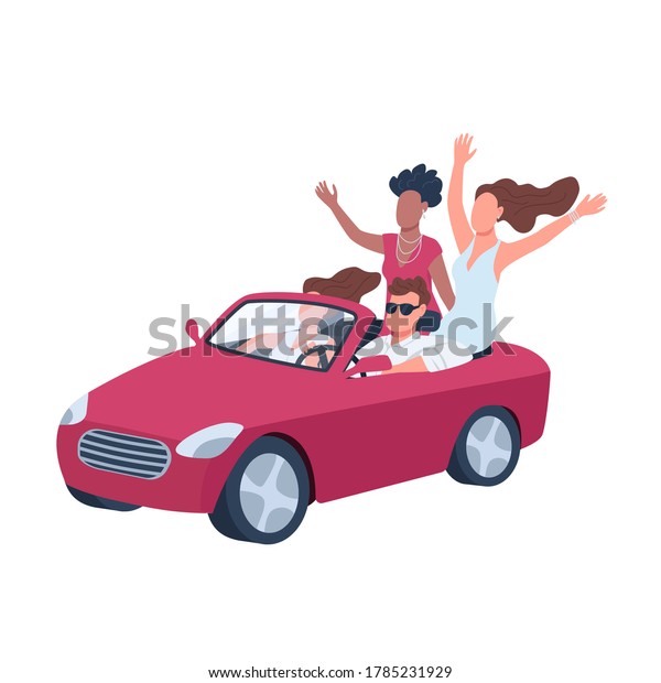 Attractive man in car surrounded by girls flat\
color vector faceless character. Young people hanging out. Guy in\
red cabriolet isolated cartoon illustration for web graphic design\
and animation