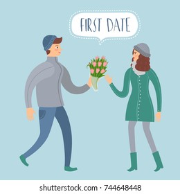 Attractive man is carrying a bouquet of flowers for the first date with a girl. Vector image in a cartoon flat style. 