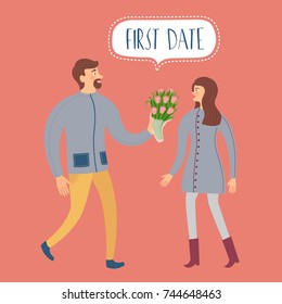 Attractive man is carrying a bouquet of flowers for the first date with a girl. Vector image in a cartoon flat style. 